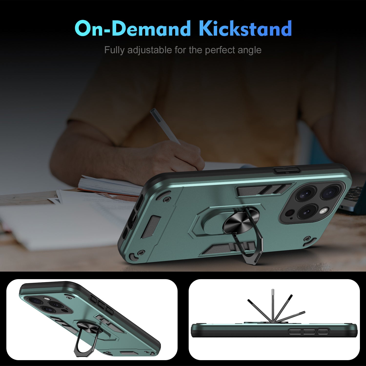 For iPhone 15 Pro Kickstand Case Magnetic Car Mount Phone Cover - Green For iPhone 15 Pro Kickstand Case Magnetic Car Mount Phone Cover - Green